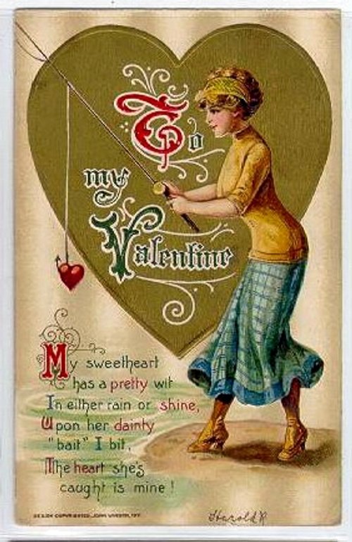 Vintage Art Nouveau Valentine Card with Fishing Girl, 1900s