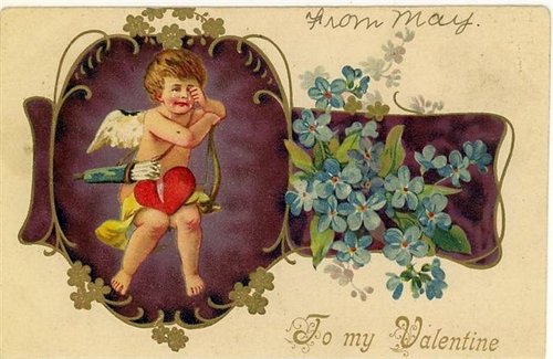 Victorian Cupid Valentine Card with Forget-Me-Nots, Circa 1880s
