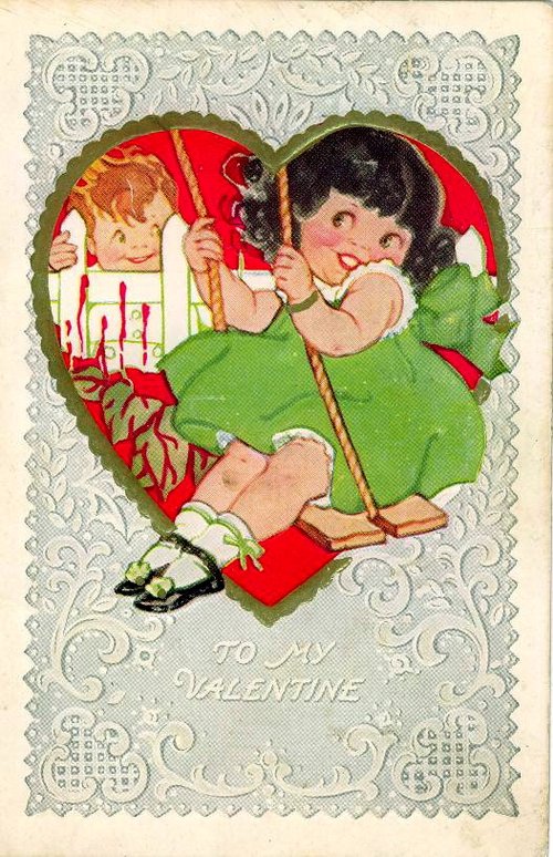 Vintage Edwardian Valentine Card with Girl on Swing