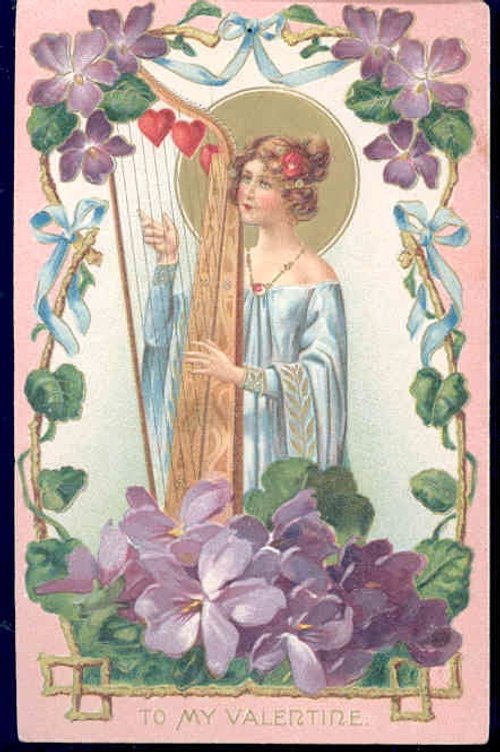 Vintage Valentine's Day Card with Angel Harp, Purple Flowers
