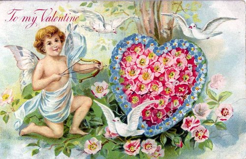 Victorian Valentine Greeting Card with Cupid and Floral Heart