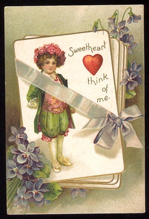 Victorian Valentine Card Girl with Pink Flowers 1890s Greeting