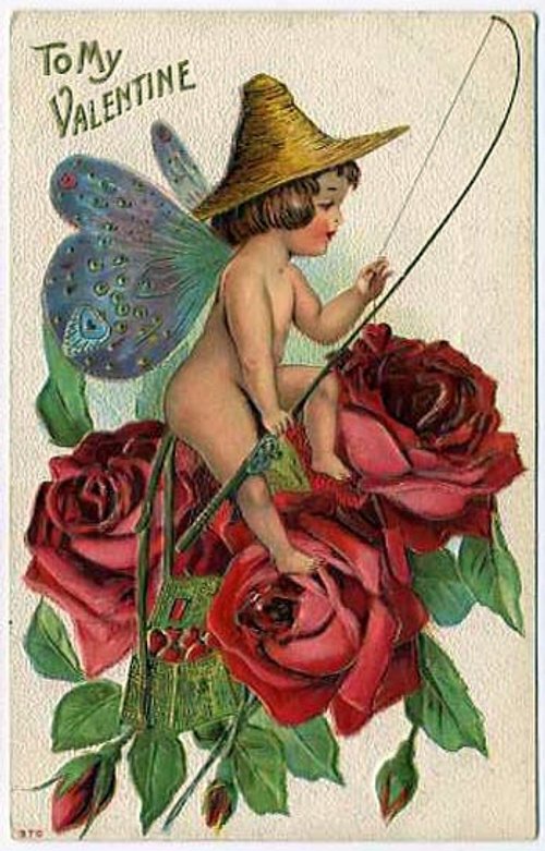 Victorian Valentine Cupid with Butterfly Wings and Red Roses