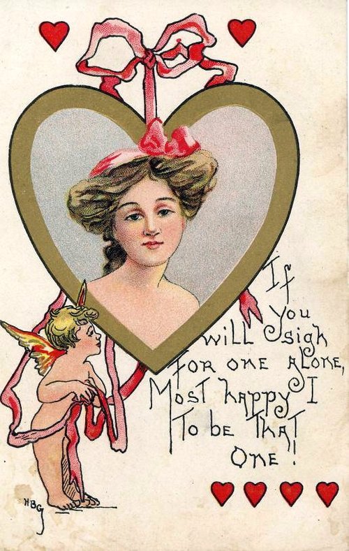 Edwardian Valentine Greeting Card with Cupid and Heart Portrait