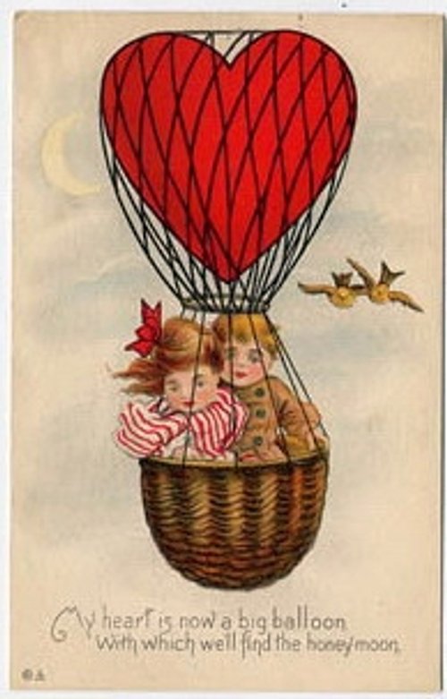 Vintage Hot Air Balloon Valentine Card, Victorian Love Greeting