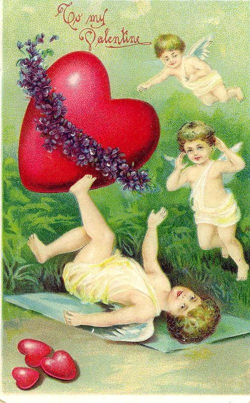 Edwardian Cherub Valentine Card with Giant Red Heart & Violets