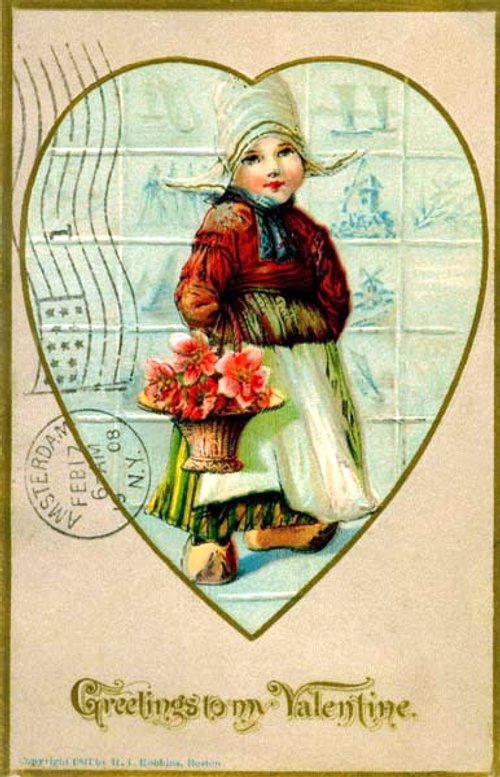Victorian Valentine Girl with Flowers Heart-Shaped Die-Cut