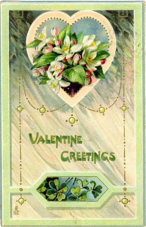 Victorian Valentine Greetings Card with White Flowers in Heart-Shaped Frame