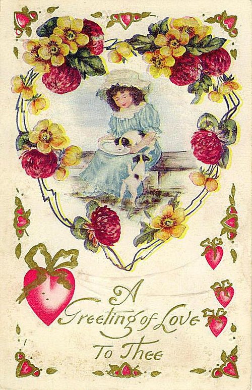 Vintage Love Greeting Card with Girl, Dog, Flowers & Strawberries