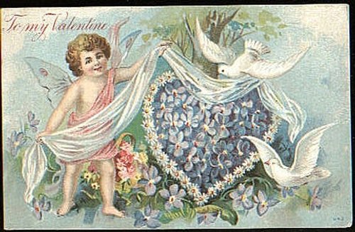 Victorian Cupid Valentine Card with Doves and Flowers