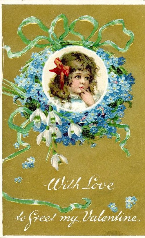 Victorian Valentine Greeting Card with Child Portrait and Forget-Me-Nots