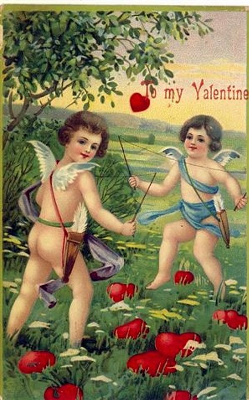 Vintage Cupid Valentine Card with Cherubs and Heart Tree