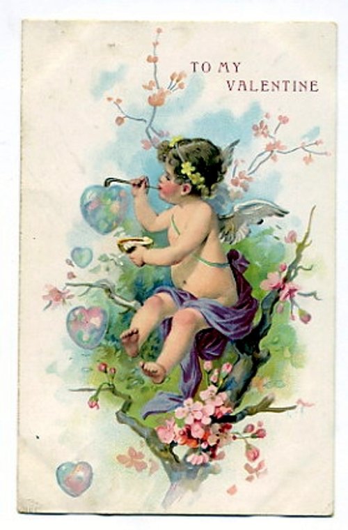 Victorian Cherub Valentine Card with Heart Bubbles and Flowers