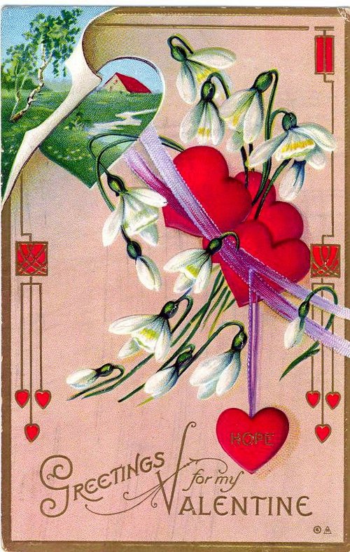 Victorian Valentine's Day Greeting Card Snowdrops Ribbon Heart