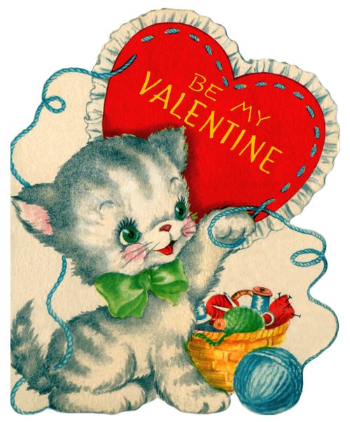 Vintage Valentine Cat with Heart Cushion - Mid-Century Greeting Card