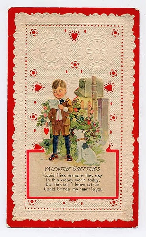 Victorian Valentine Card with Boy & Mailbox 1890s