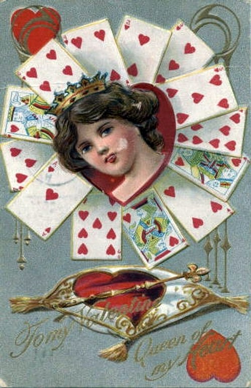 Victorian Valentine's Day Card with Playing Cards & Crowned Young Woman Portrait