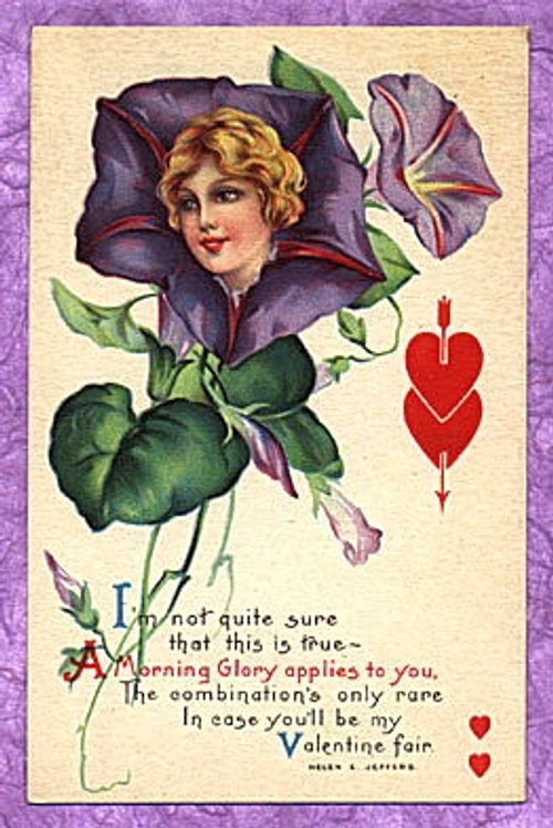 Vintage Art Nouveau Valentine's Day Card with Purple Morning Glories