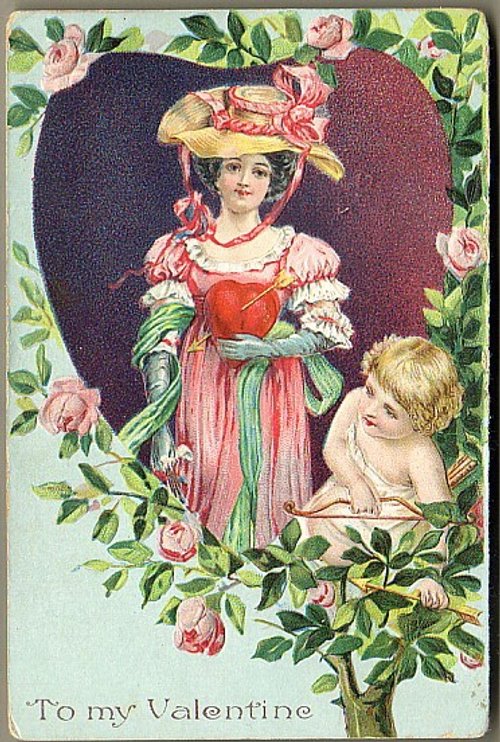 Victorian Valentine Card with Girl, Cupid & Pink Roses