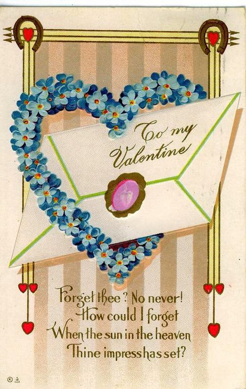 Edwardian Forget-Me-Not Valentine Card with Envelope & Hearts