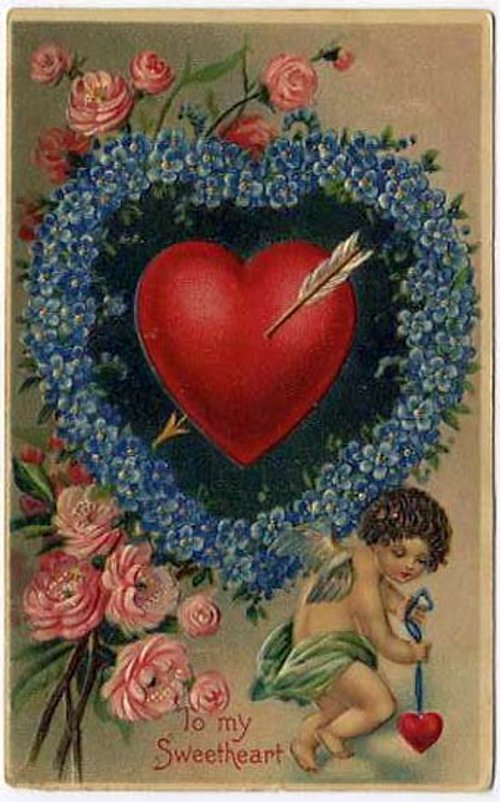 Victorian Valentine's Day Greeting Card with Red Heart and Cherub