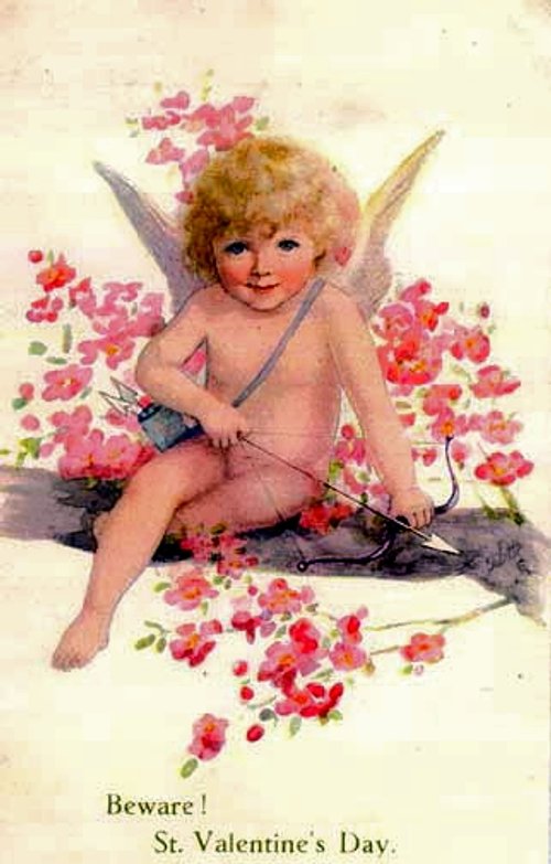 Vintage Cupid Valentine's Day Greeting Card with Pink Flowers