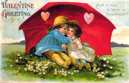 Victorian Valentine Greeting Card: Children Sharing Red Umbrella