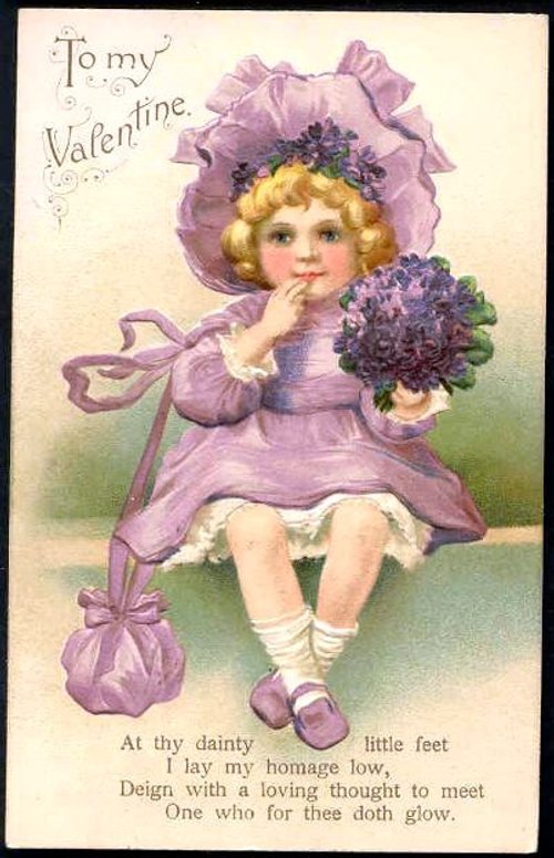 Victorian Valentine Card: Purple Cherub Girl with Violets