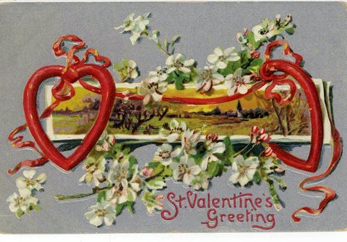 Victorian St. Valentine's Greeting Card with Red Hearts & Flowers