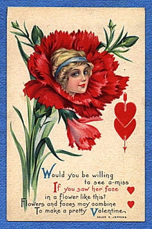 Victorian Valentine Card with Red Carnation & Woman Portrait