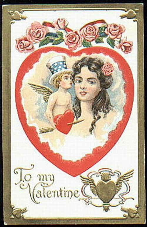 Victorian Valentine Greeting Card with Cupid and Rose Heart