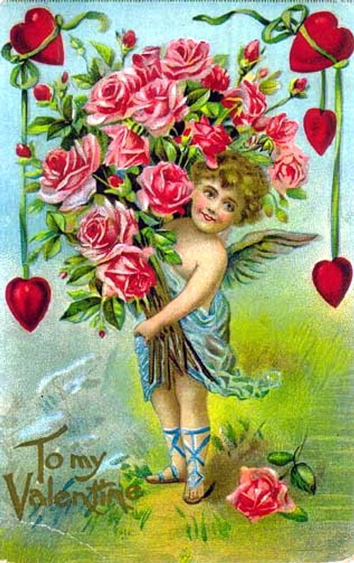 Victorian Valentine's Day Card with Cherub & Pink Roses