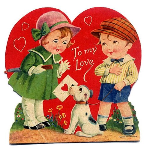 Vintage Valentine's Day Greeting Card with Children and Dog