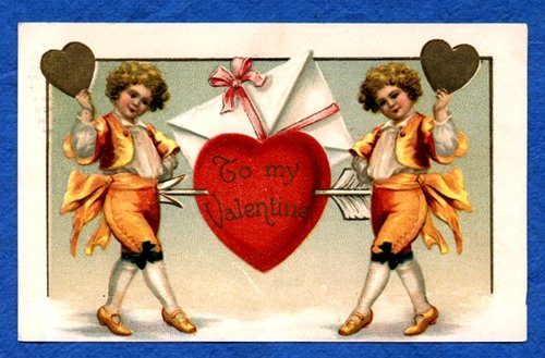 Victorian Valentine's Day Card with Cupids & Red Heart