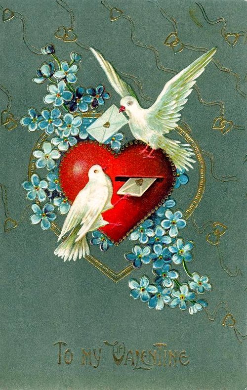 Victorian Valentine Card: White Doves & Red Heart with Blue Flowers