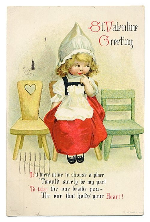 Vintage St. Valentine Greeting Card with Dutch Girl in Red Dress