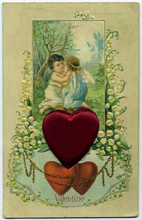 Victorian Valentine Card with Cherub & Layered Hearts Lithograph