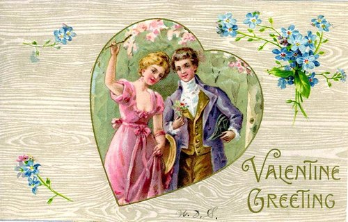 Victorian Valentine Greeting Card Couple in Pink & Purple