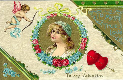 Victorian Valentine's Day Greeting Card with Cupid & Floral Wreath