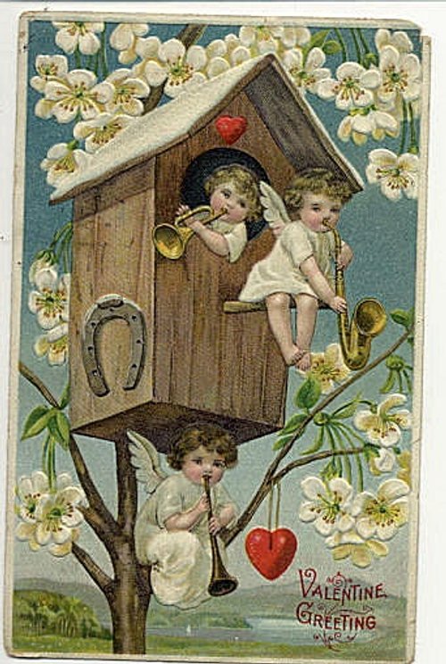 Victorian Valentine's Day Greeting Card with Cherubs in Birdhouse