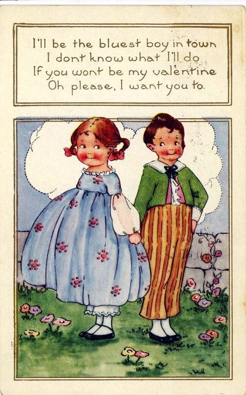 Vintage Valentine's Day Card Boy Girl Holding Hands Flowers