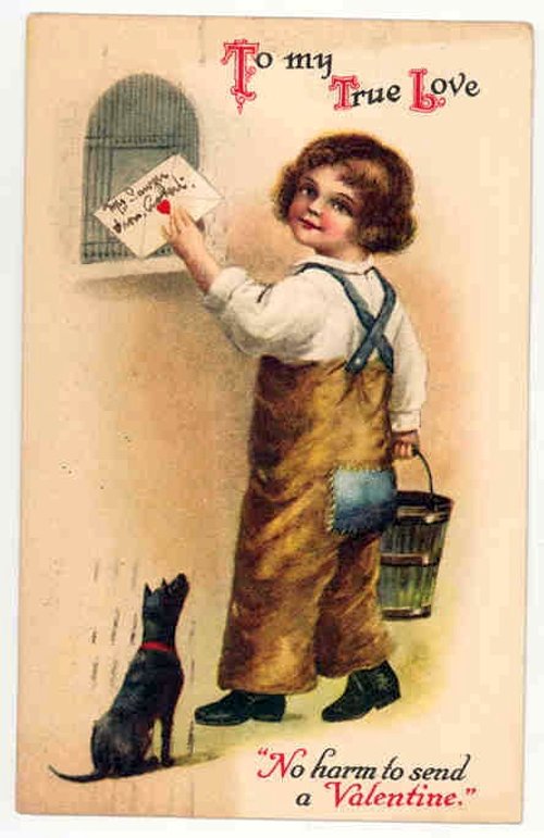 Vintage Valentine Card: Child Mailing Letter into Wall Mailbox, Edwardian Era