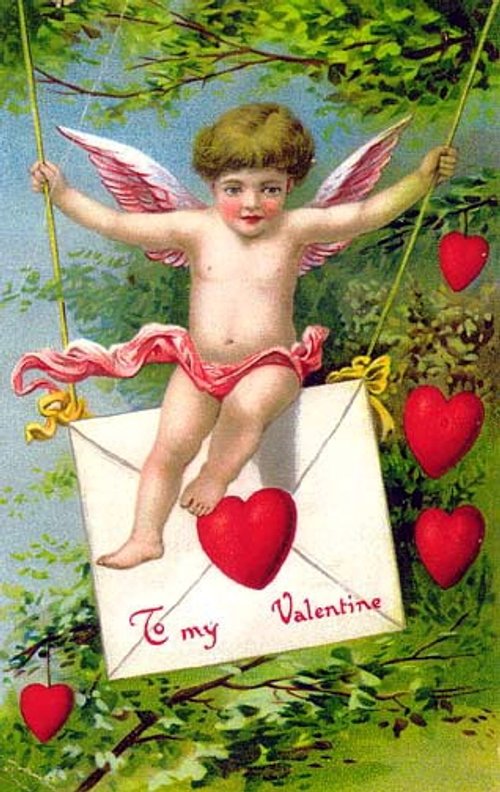 Victorian Cupid Valentine Card with Envelope & Red Hearts