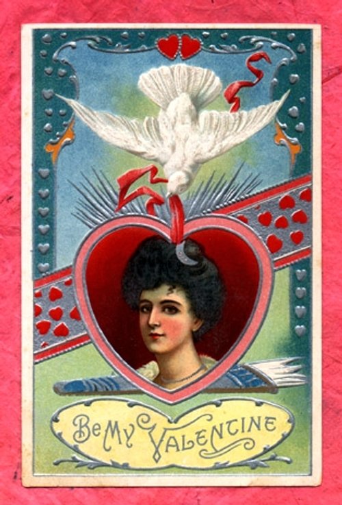 Vintage Victorian Valentine Card: Woman in Heart with Dove