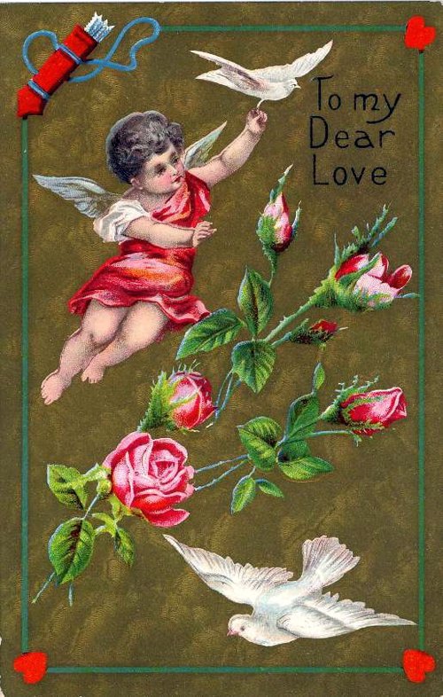 Victorian Cupid Love Card - Roses, Doves & Gold