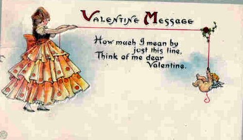 Edwardian Valentine Message Card with Fan-Dressed Woman