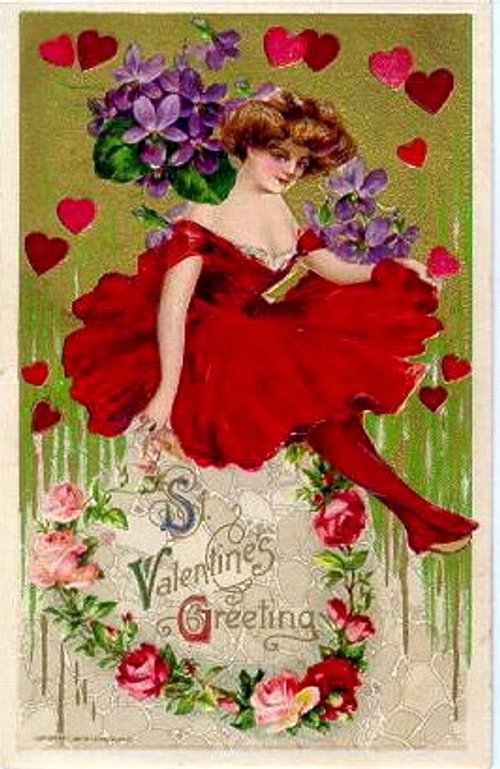 Victorian Valentine's Day Greeting Card with Woman and Flowers