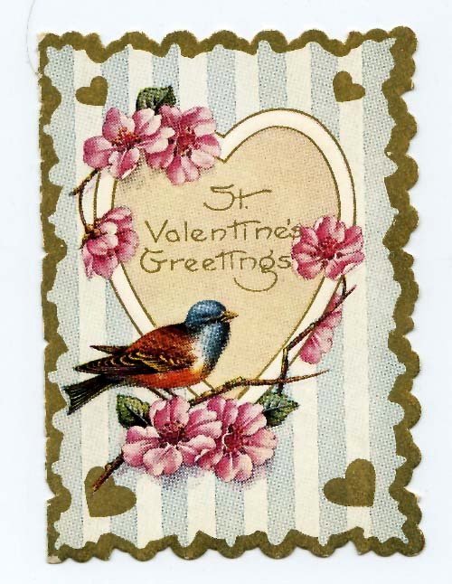 Victorian Valentine's Day Greeting Card with Bluebird & Pink Flowers