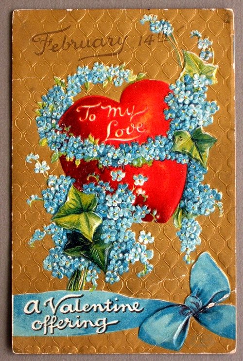 Vintage Valentine's Day Greeting Card with Red Heart & Forget-Me-Nots