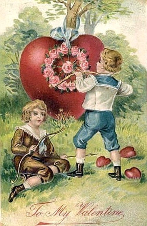 Victorian Valentine's Day Card with Children and Giant Heart